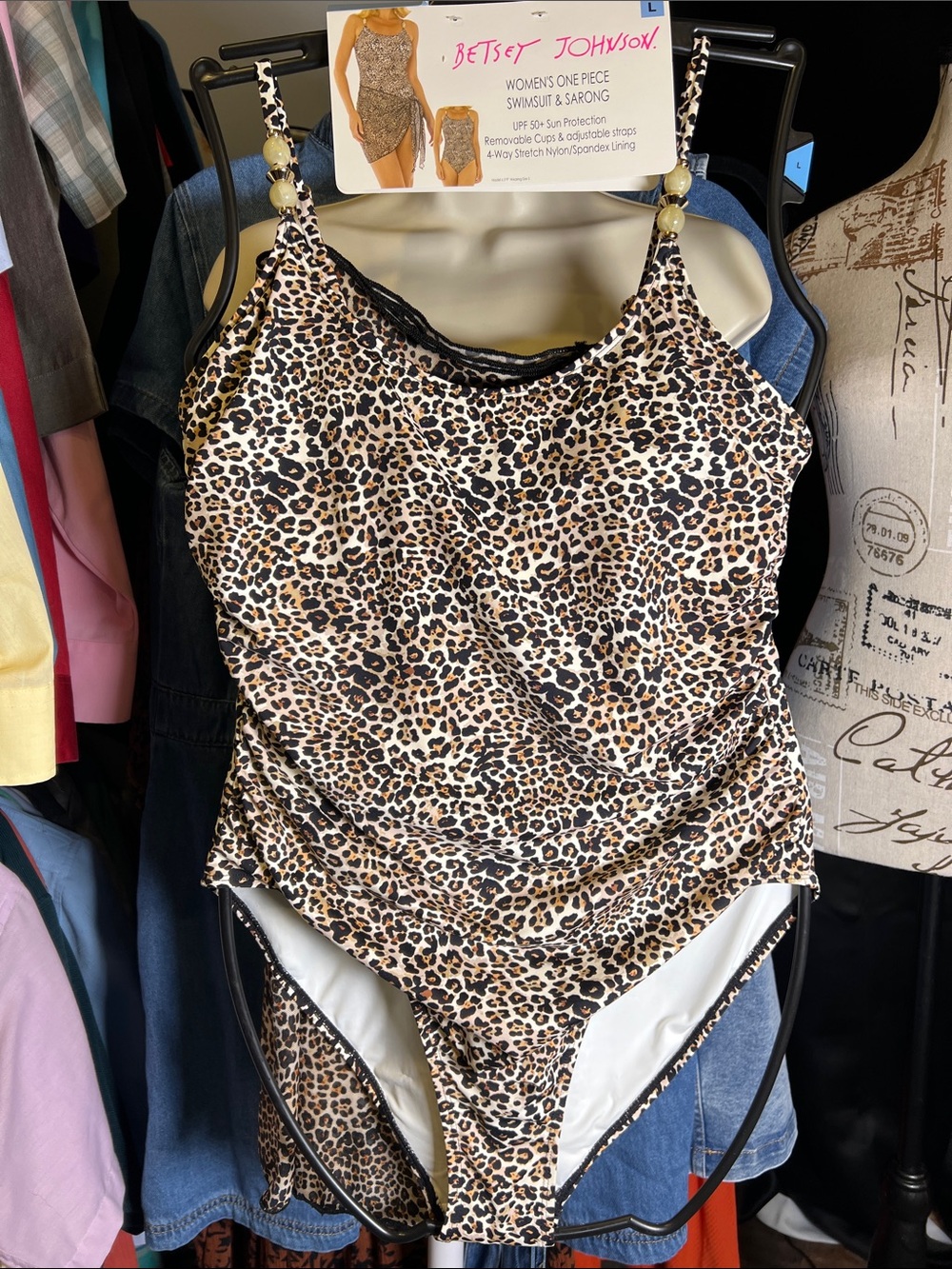Betsey Johnson Tan Brown Black Leopard-Print One-Piece Swimsuit w/sarong